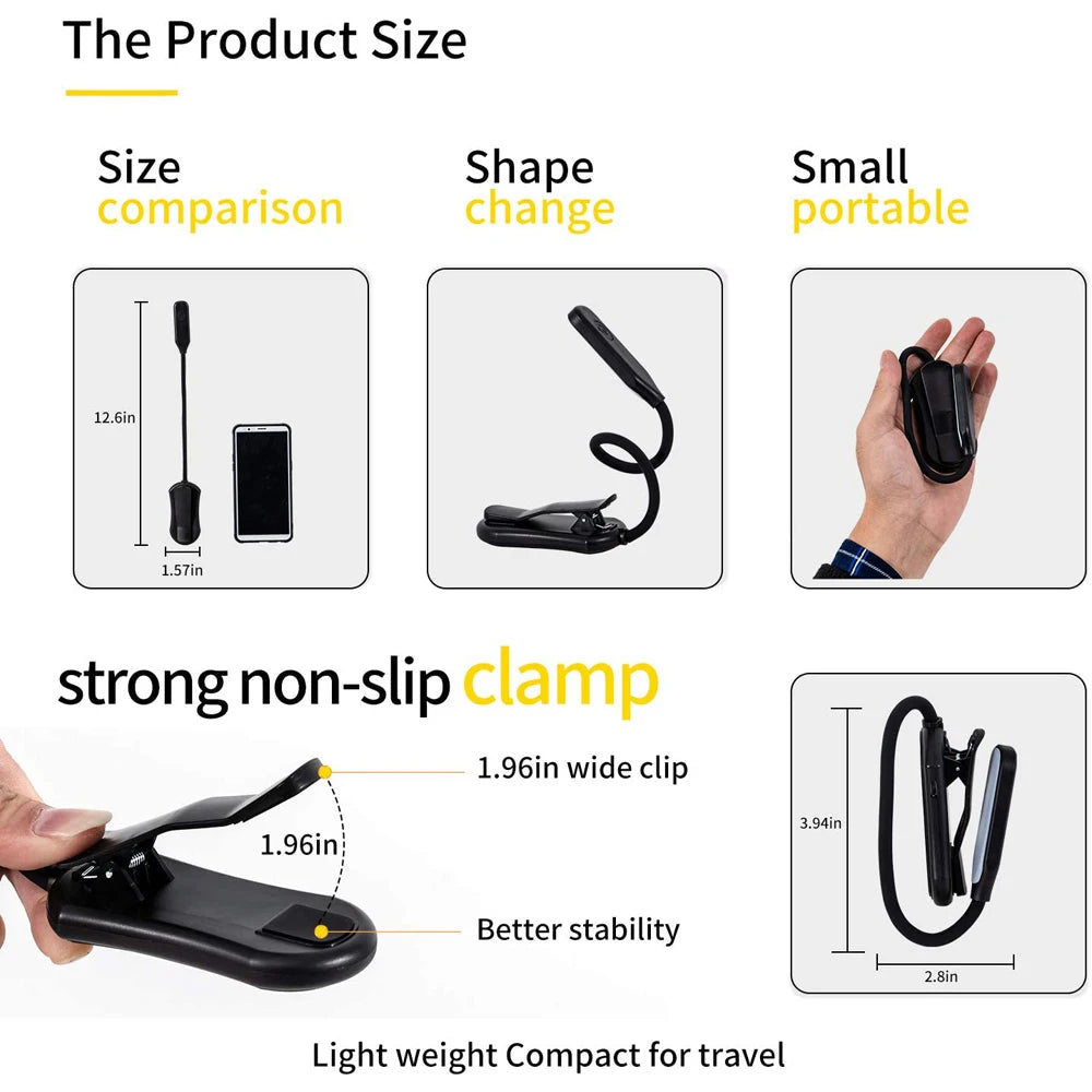 Lampe De Lecture Clip LED — Éclairage Nocturne Mains Libres